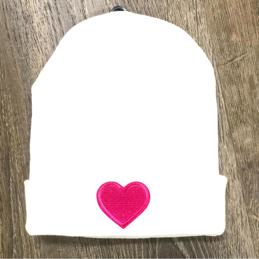 White Knit Beanie with Pink Heart for breast cancer awareness